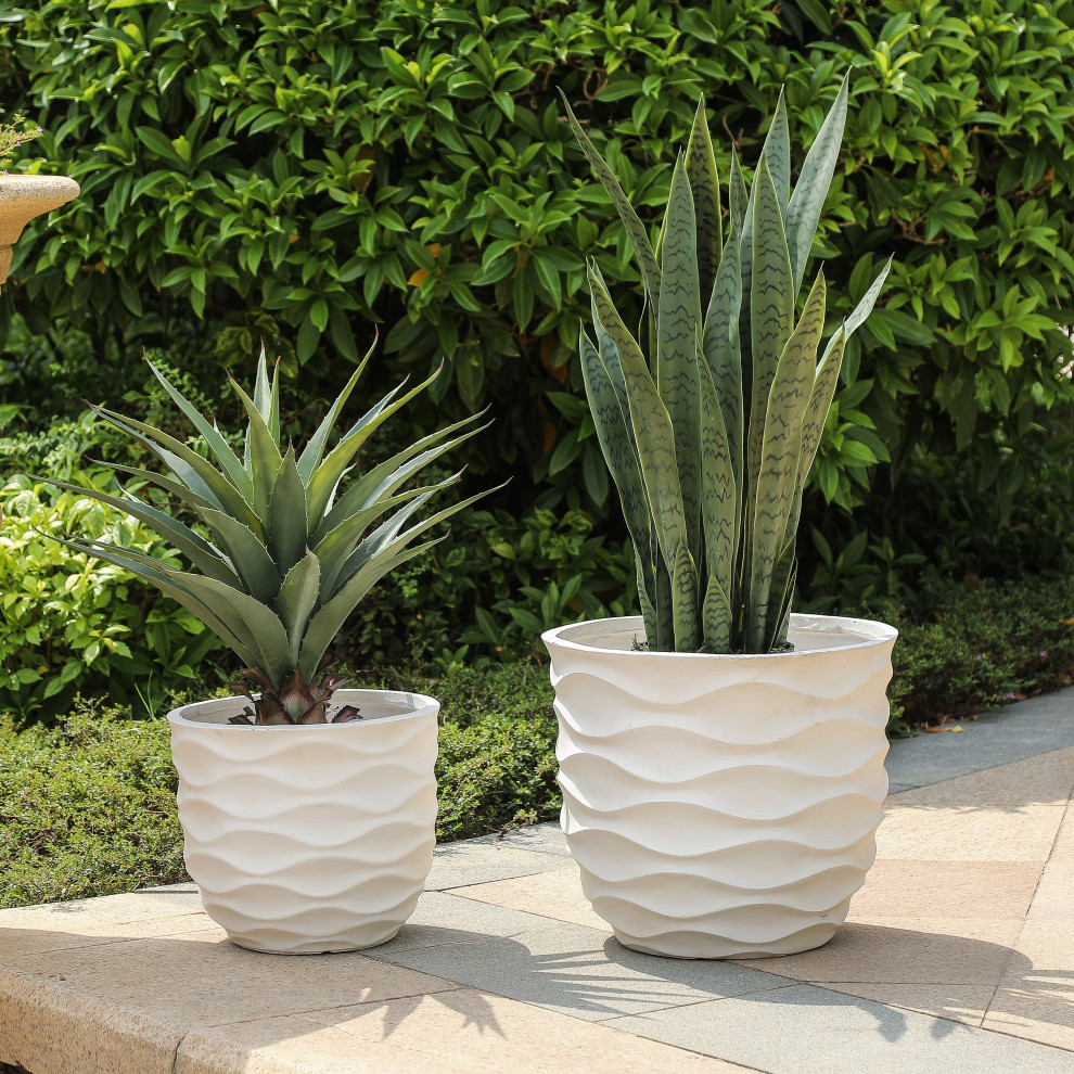 2 Piece White Waves Design MgO Planters   Beach Style   Outdoor Pots And Planters   by Winsome House Inc.  Houzz