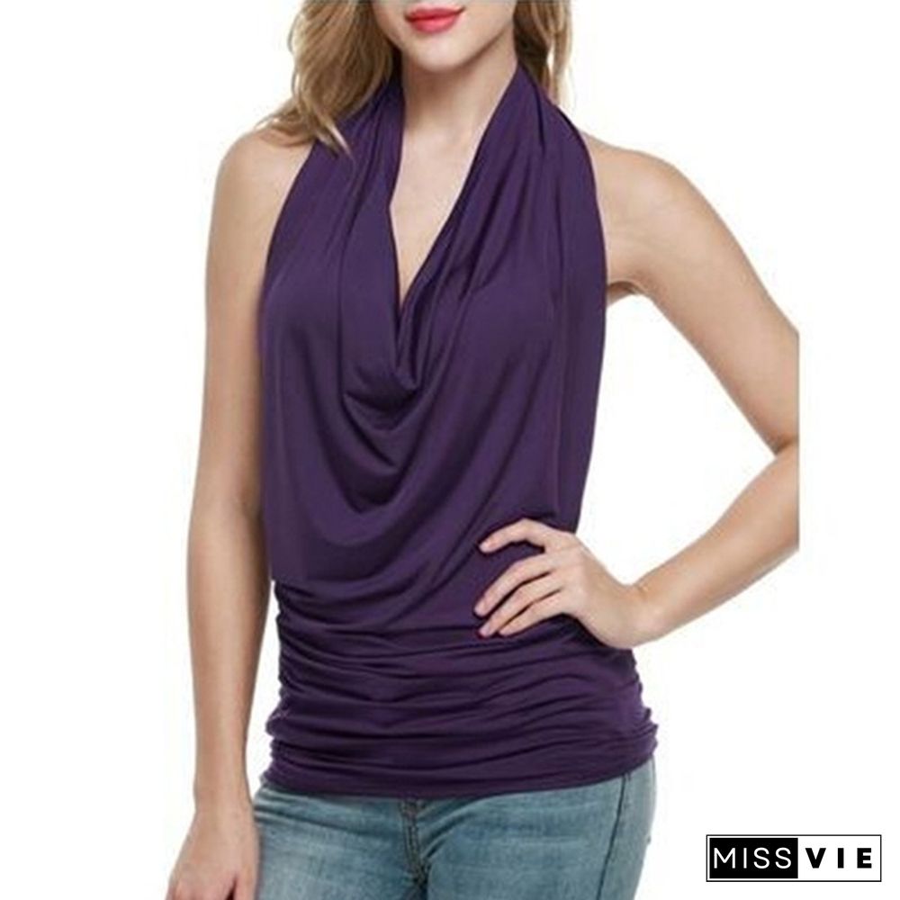 Women Sexy Halter Cowl Neck Backless Ruched Tank Tops