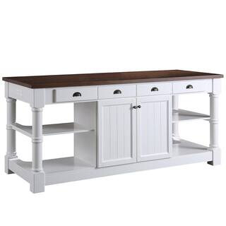 Design Element Monterey White 80 in. Kitchen Island with Wood Countertop KD-03-80-W-WD