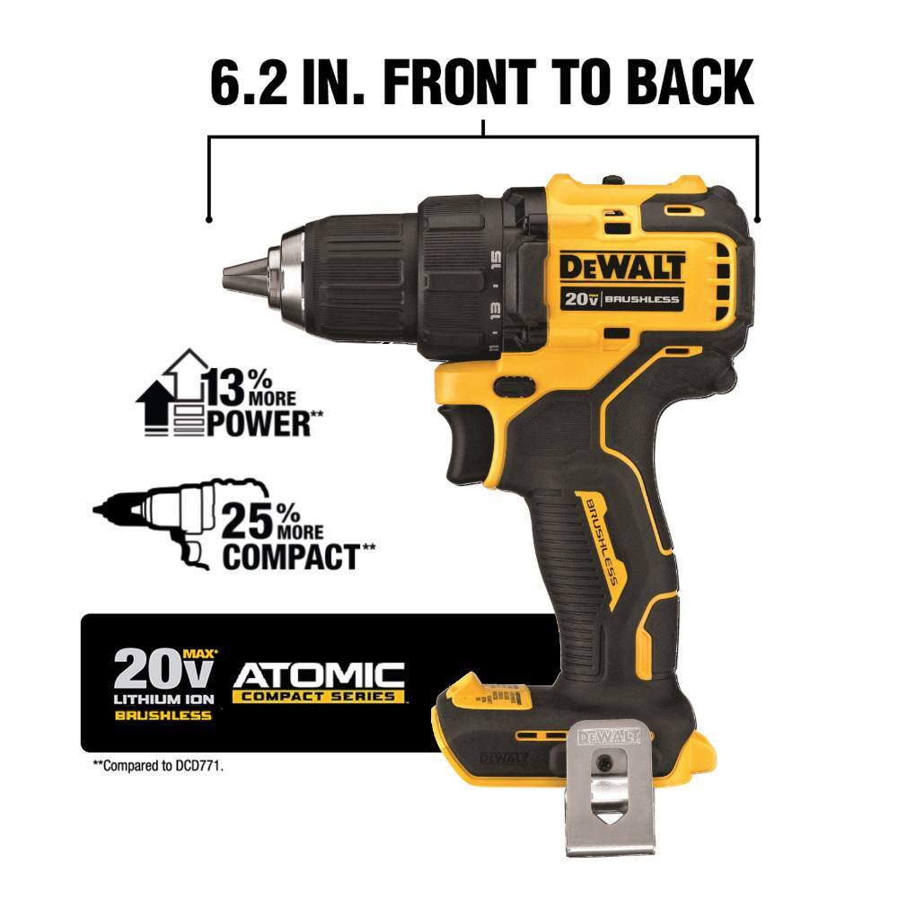 DW ATOMIC 20V MAX Cordless Brushless Compact 12 in. DrillDriver and (1) 20V MAX XR Premium Lithium-Ion 5.0Ah Battery DCD708BW205