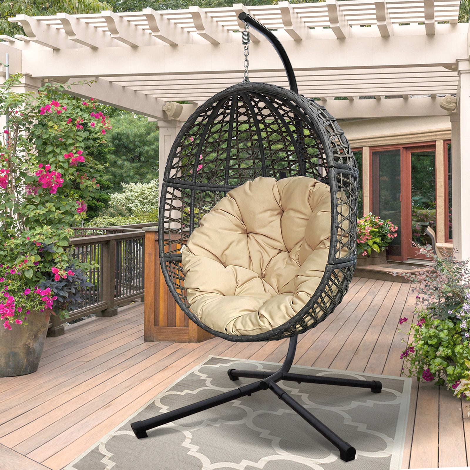 Arttoreal Wicker Basket Swing Chair, Hanging Egg Chairs with Durable Stand and Waterproof Cushion for Outdoor Patio, Khaki