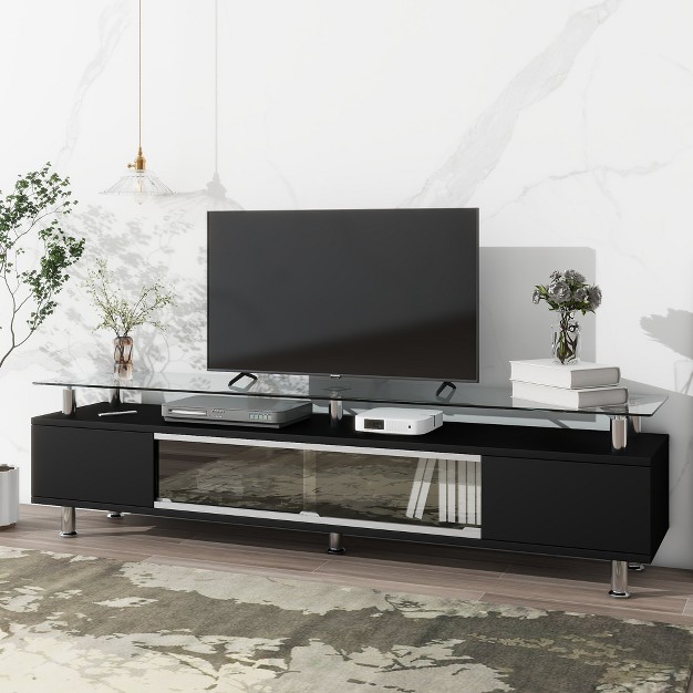 Simple Stylish Design Tv Stand With Silver Metal Legs And Sliding Glass Door Modernluxe