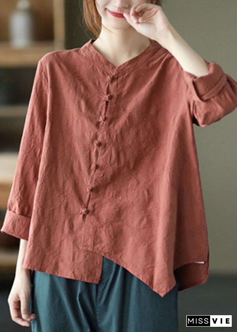 Vintage Brick Red asymmetrical design Patchwork Button Fall Blouses