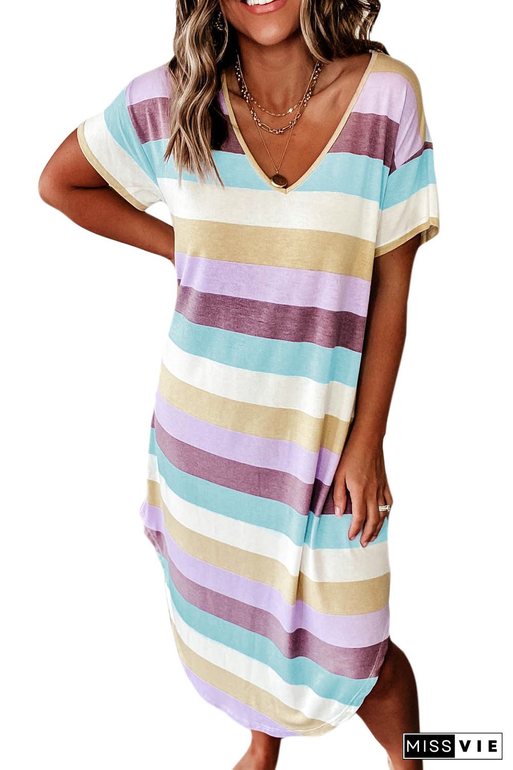 Striped Color Block V Neck T Shirt Midi Dress