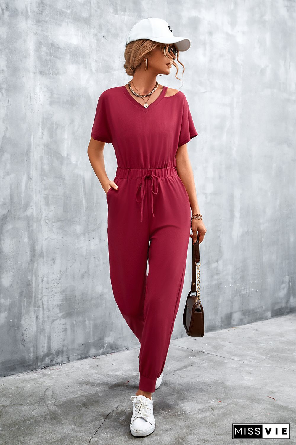 Cut Shoulder Drawstring Waist Sleeveless Jumpsuit