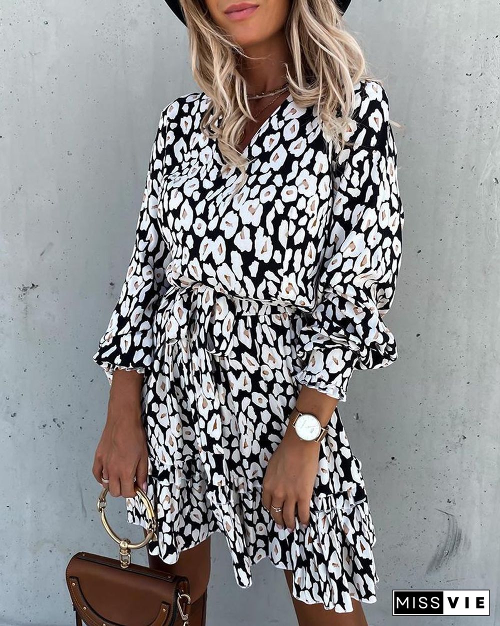 All Over Print Long Sleeve Ruffles Dress P10039