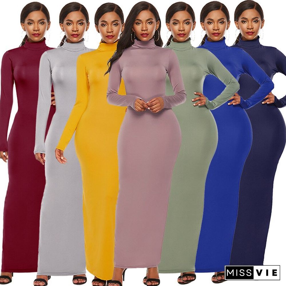 Fashion Solid Color Dress Women Long Sleeve Stretch Slim High Neck Dress Vestido Feminino