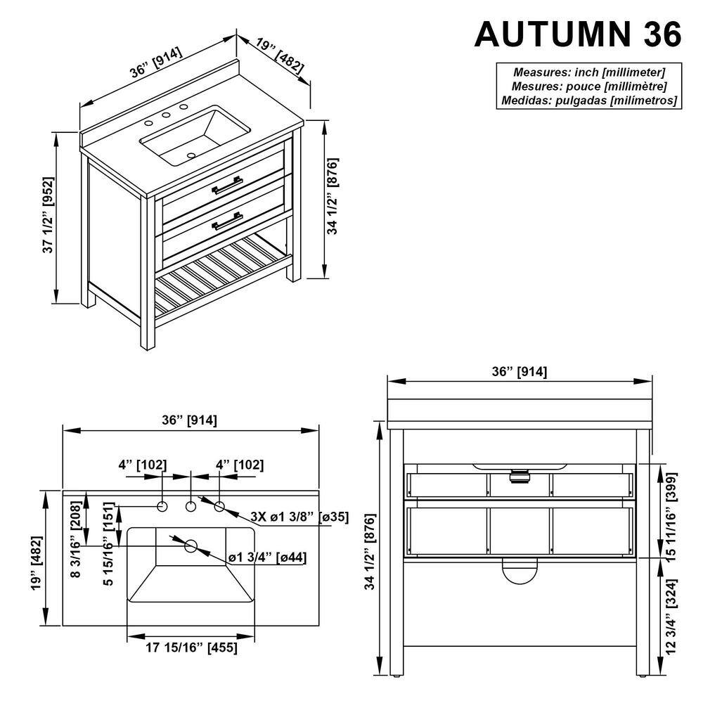 Home Decorators Collection Autumn 36 in. W x 19 in. D x 34.50 in. H Freestanding Bath Vanity in White with White Engineered Stone Top Autumn 36W