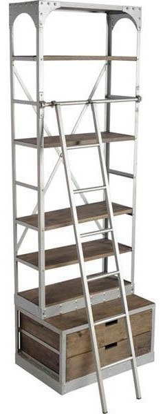 Yeva Steel and Wood Bookcase With Ladder   Industrial   Bookcases   by Rustic Edge  Houzz