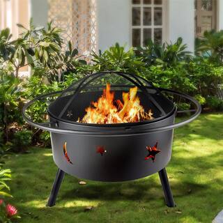 Afoxsos 32.08 in. W x 26.38 in. H Outdoor Powder Coated Iron Fire Pit with Barbecue Rack Cooking Grate and Fire Poker Round HDMX827