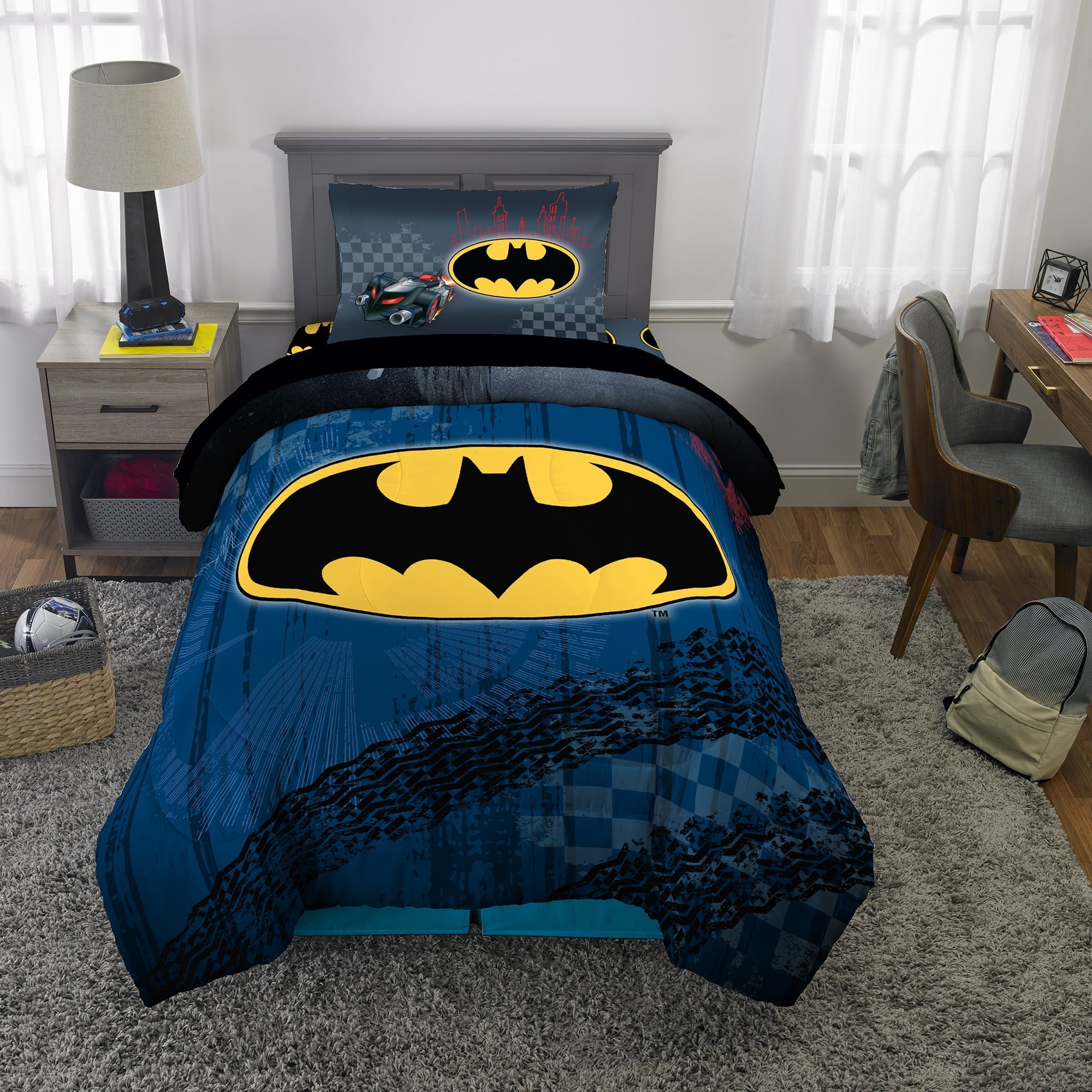 Batman Kids Twin Bed in a Bag, Comforter and Sheets, Gray, Warner Bros