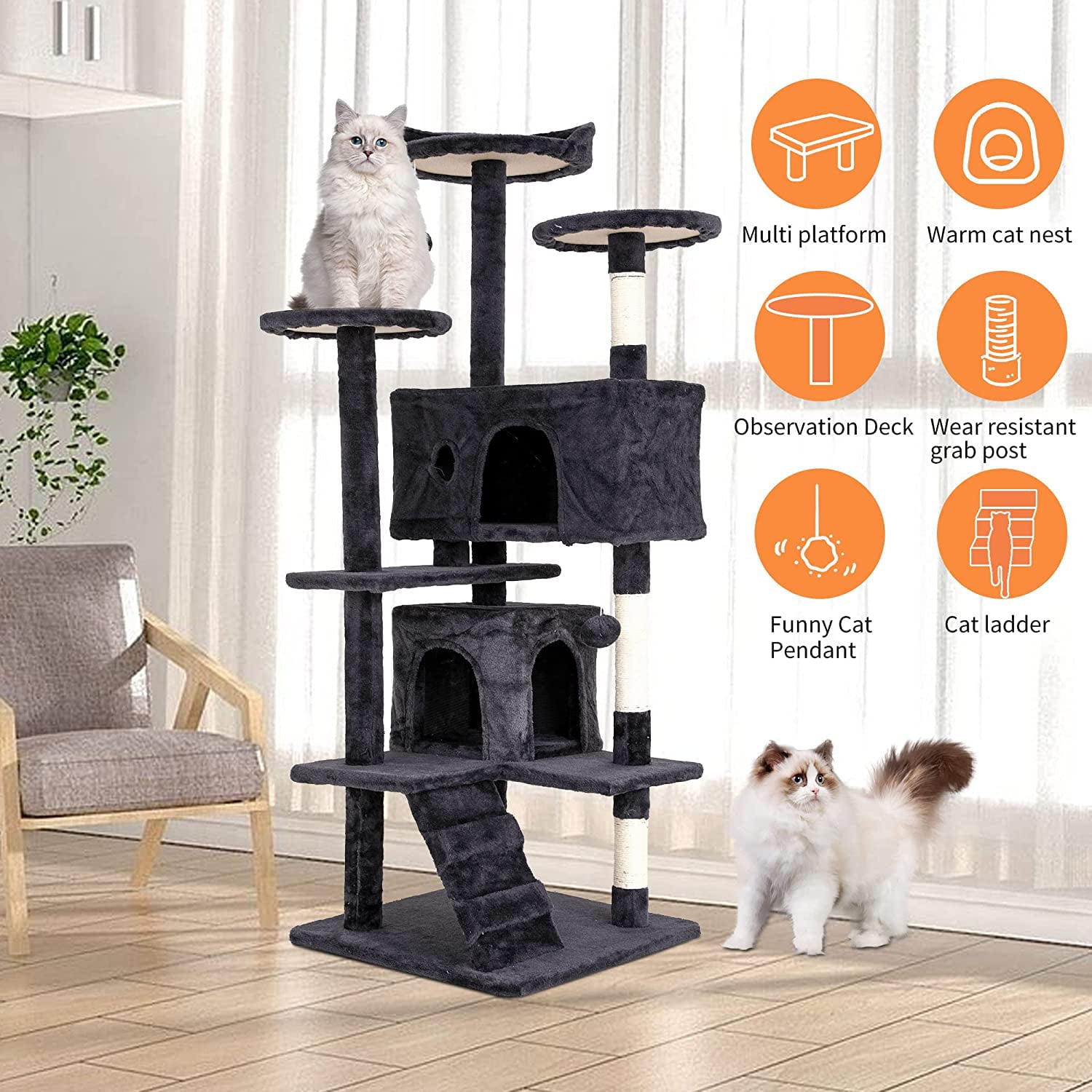 BestPet 54in Cat Tree Tower with Cat Scratching Posts Stand House Cat Condo with Funny Toys(54in，Dark Gray)