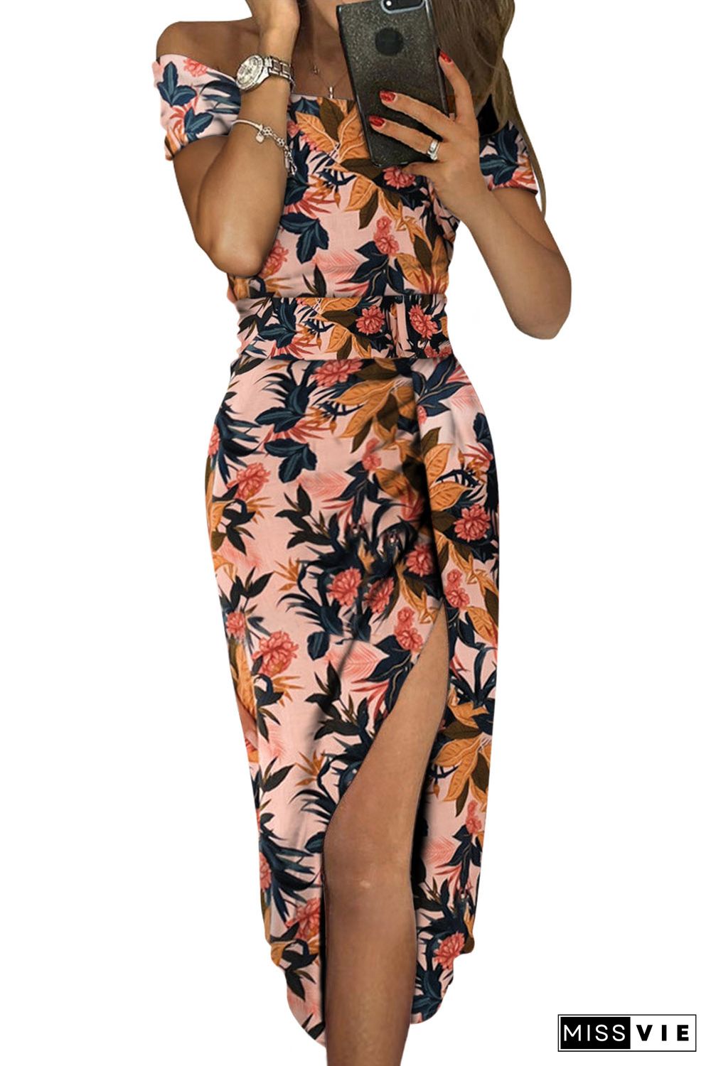 Pink Pattern Print Off Shoulder Slit Bodycon Midi Dress