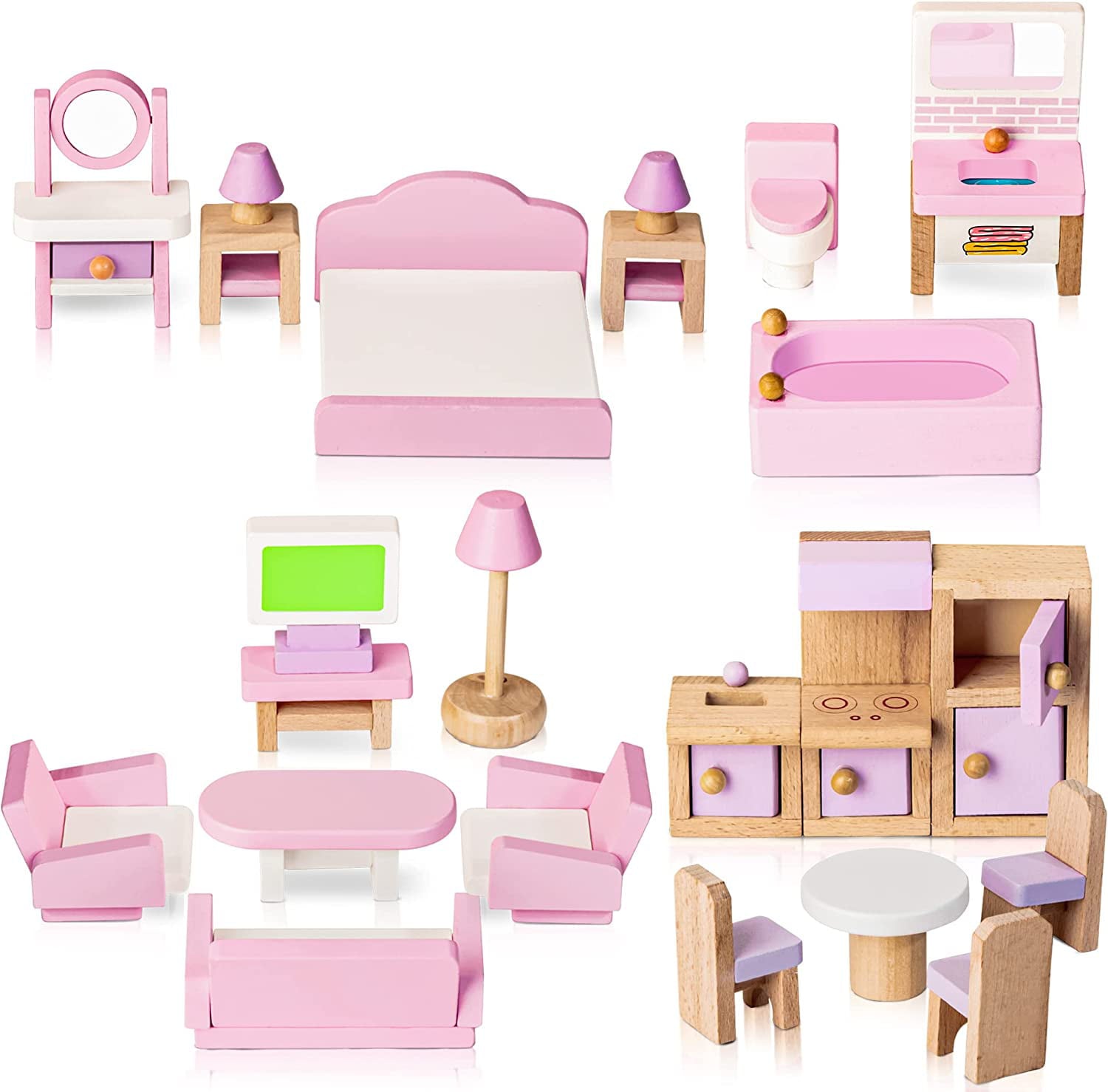 Wooden Dollhouse Furniture Set, 5 Room Kit 22 Piece Miniature Dollhouse Wood Furniture Accessories, Including Kitchen, Dining Room, Living Room, Bedroom, Bathroom for Playhouse Family Figures Play Toy