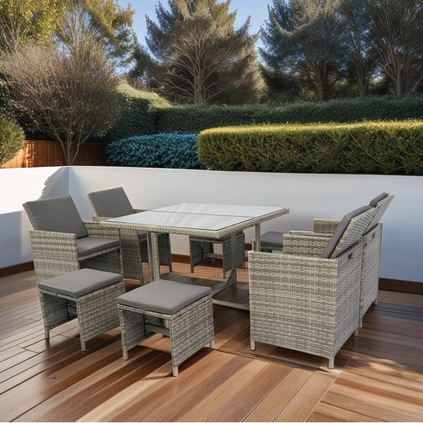 9Piece Gray Wicker Outdoor Dining Set with Cushions and Glass Table