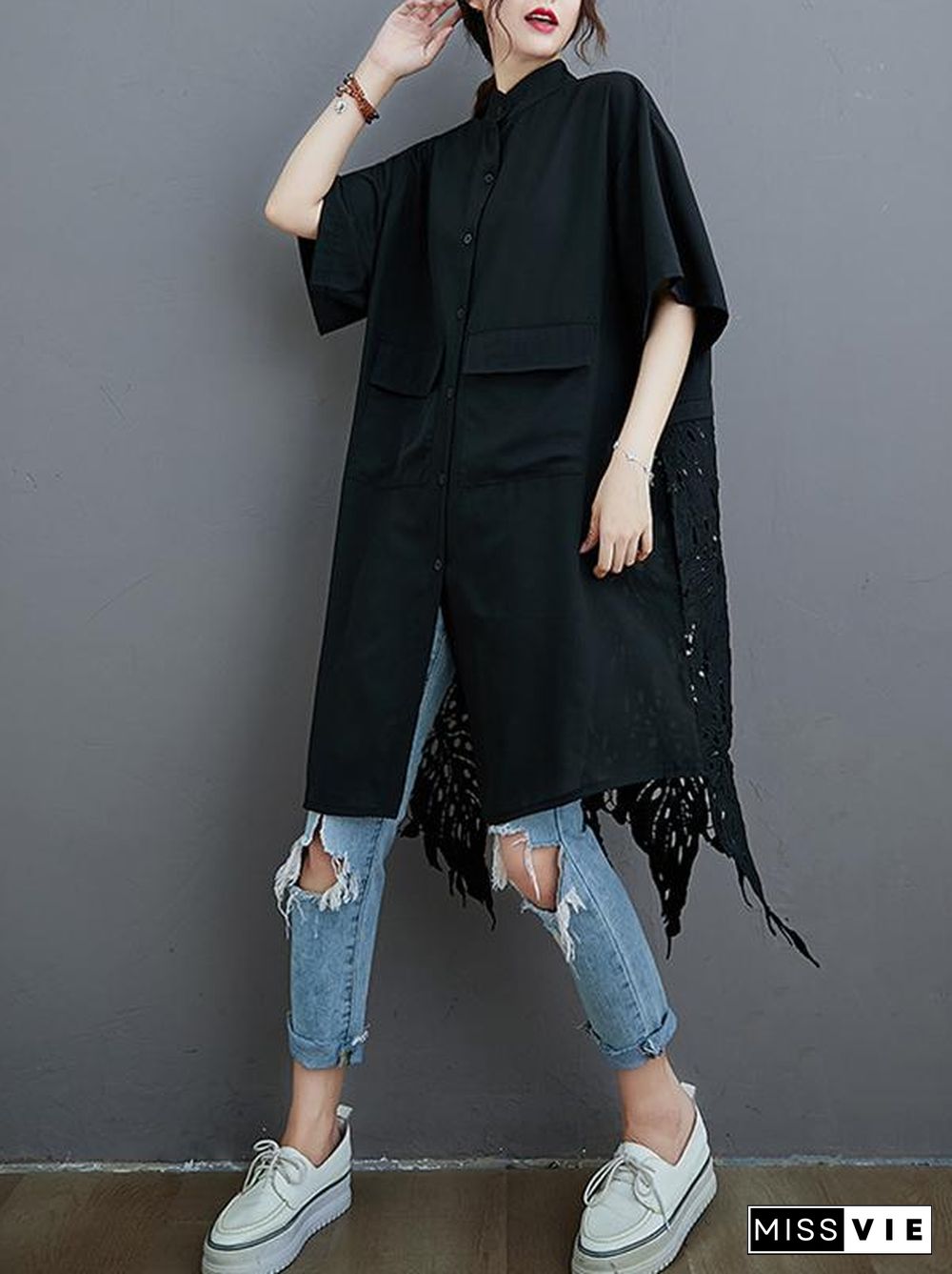 Loose Split-Joint Hollow Solid Long Blouse