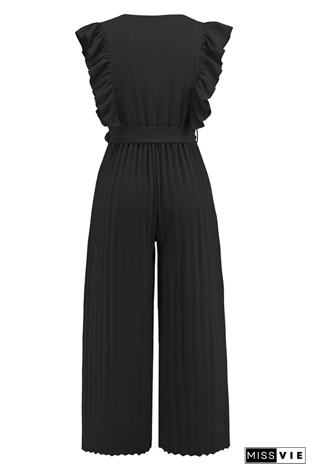 Sleeveless V Neck Ruffle Pleated Wide Leg Jumpsuit