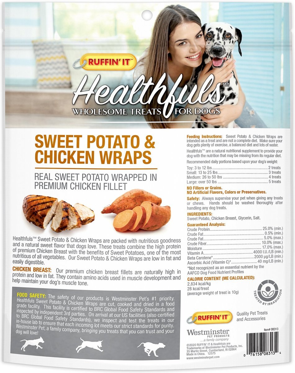 RUFFIN' IT Healthfuls Sweet Potato and Chicken Wraps Grain-Free Dehydrated Dog Treats， 25-oz bag