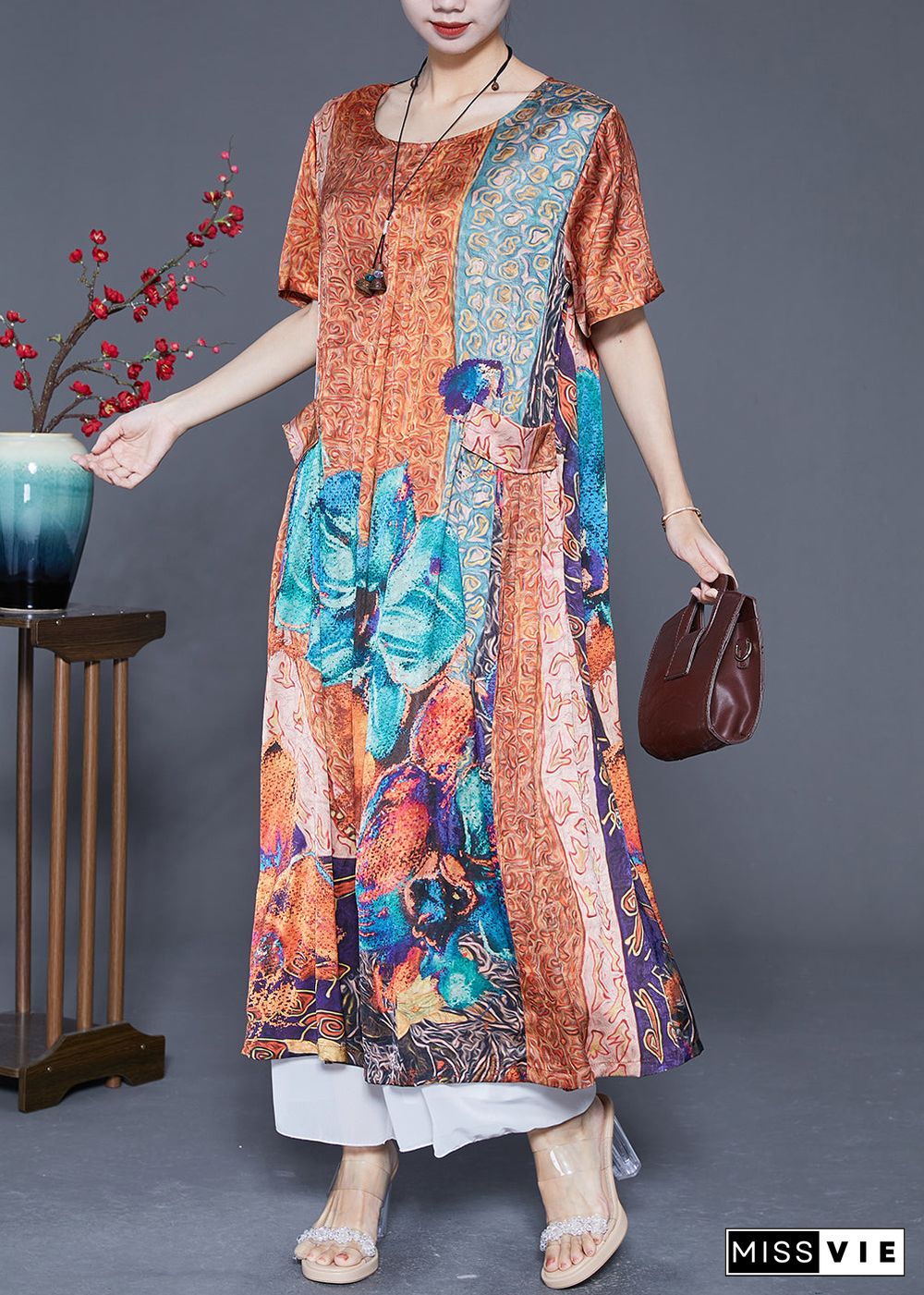 Plus Size Orange Oversized Print Pockets Silk Vacation Dresses Summer