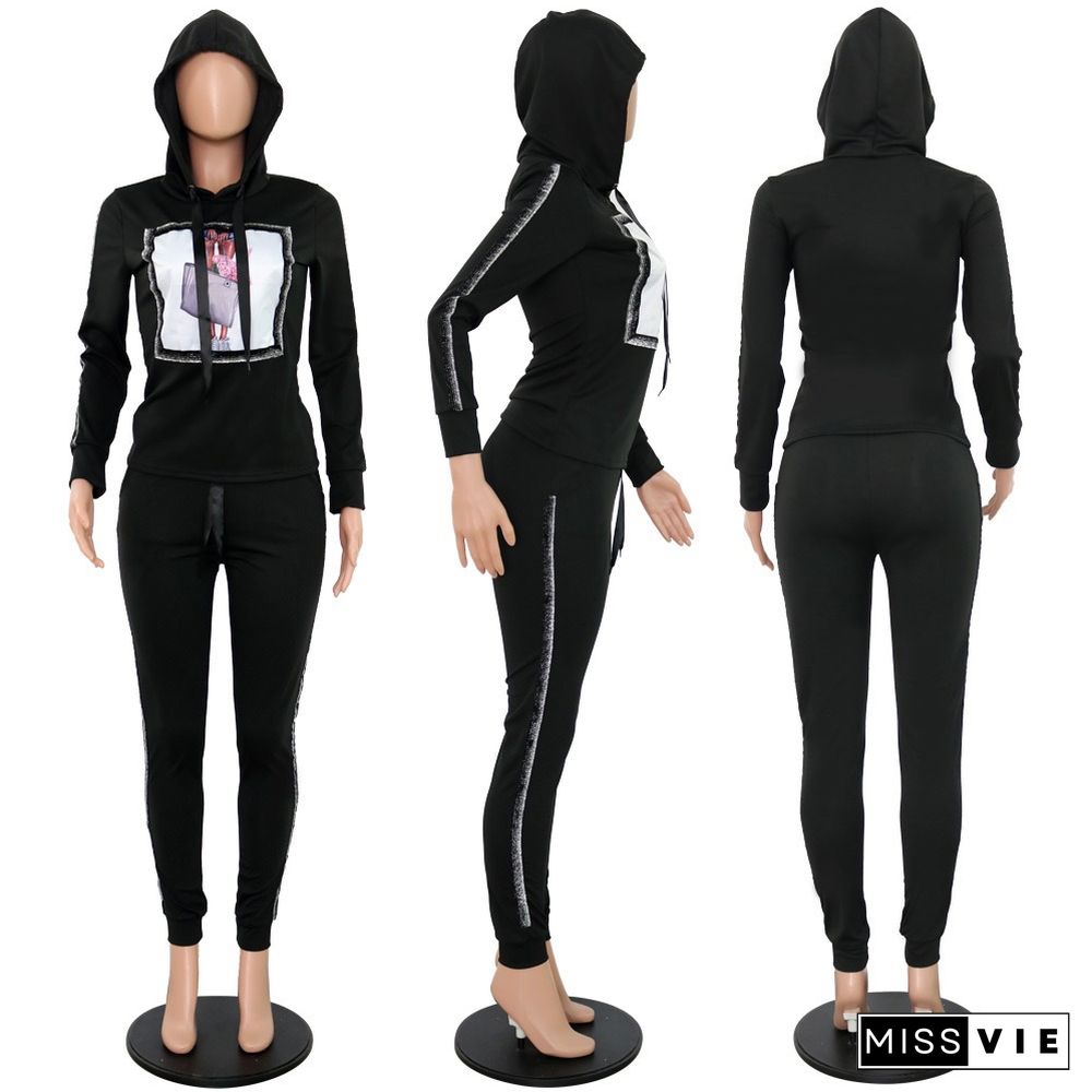 Leisure Printed Hooded Tops + Bodycon Pants 2 Pieces Set