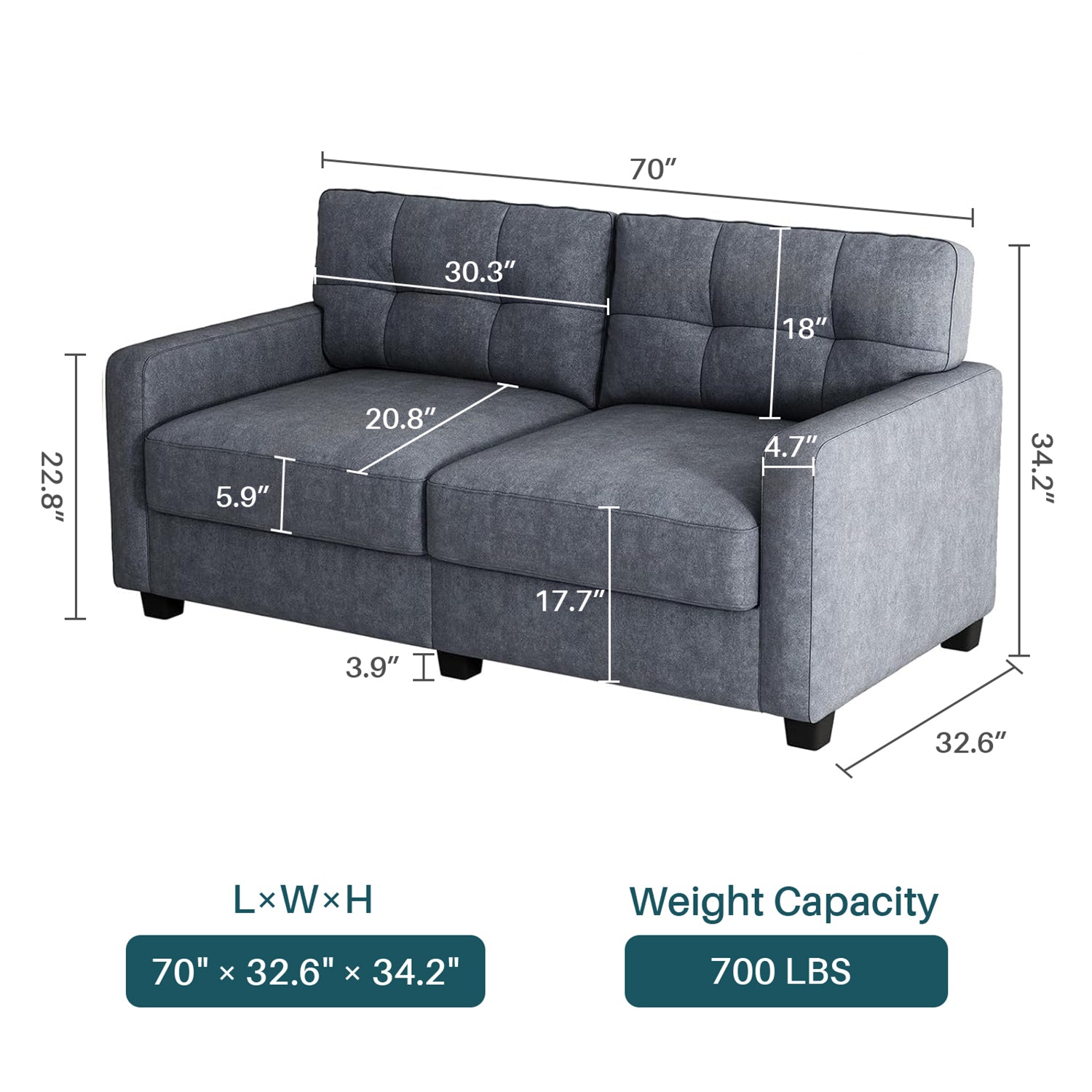 Love Seat Couch Loveseat Sofa Modern 70-inch Mid Century Style with Solid Wood Frame