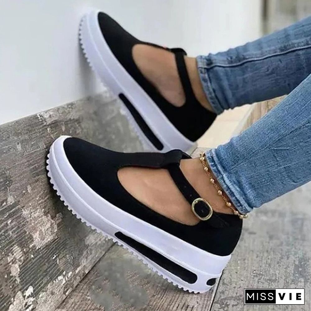 Women Summer Retro Buckle Round Head Wedge Platform Slip-On Sandals Solid Color Slipper Shake Shoes