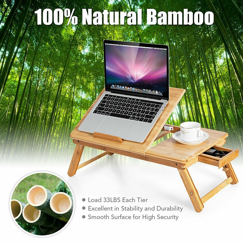 Wicker Laptop Lap Tray with Adjustable Legs and Tilting Heat-dissipation Top-Natural