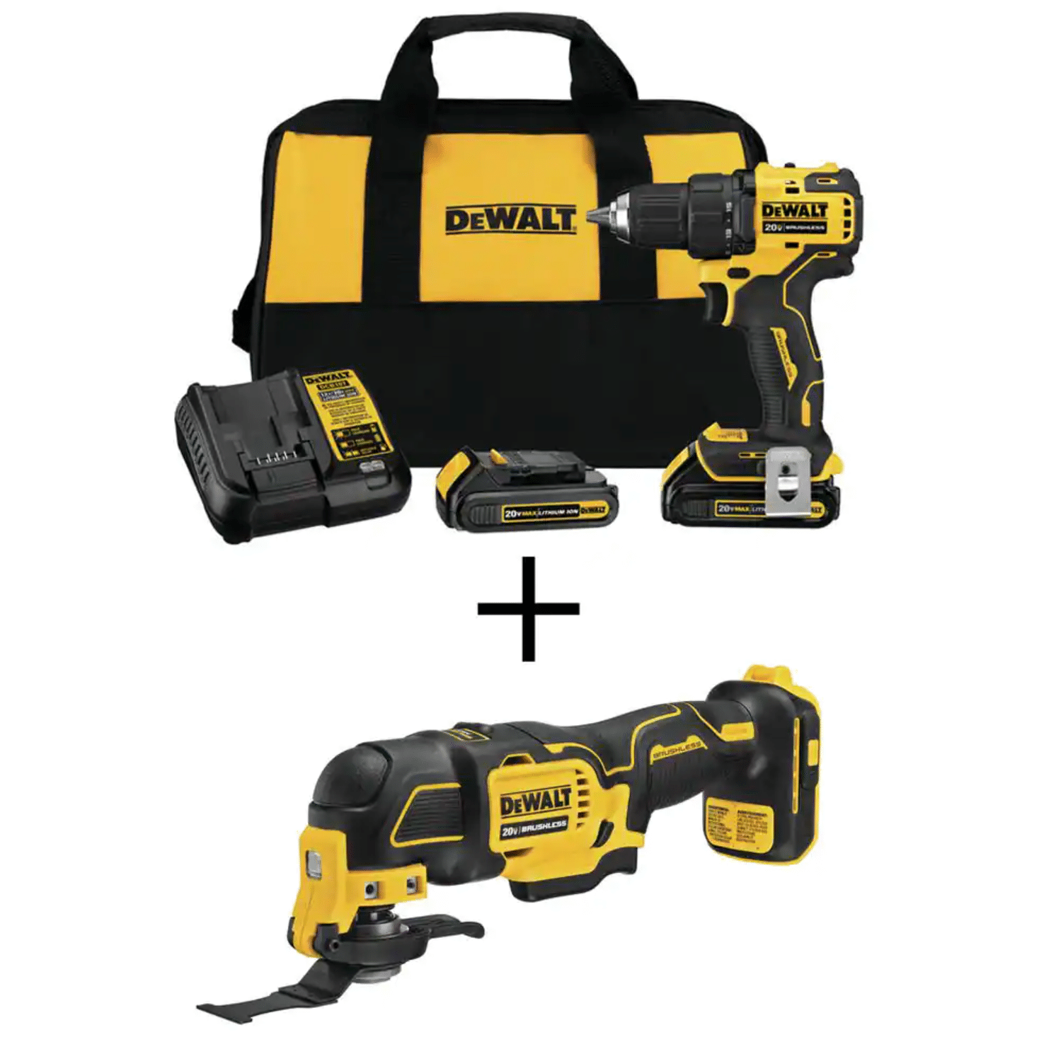 Dewalt Atomic 20v Max Cordless Brushless Compact 1/2 in. Drill/Driver， (2) 20V 1.3Ah Batteries and Oscillating Tool