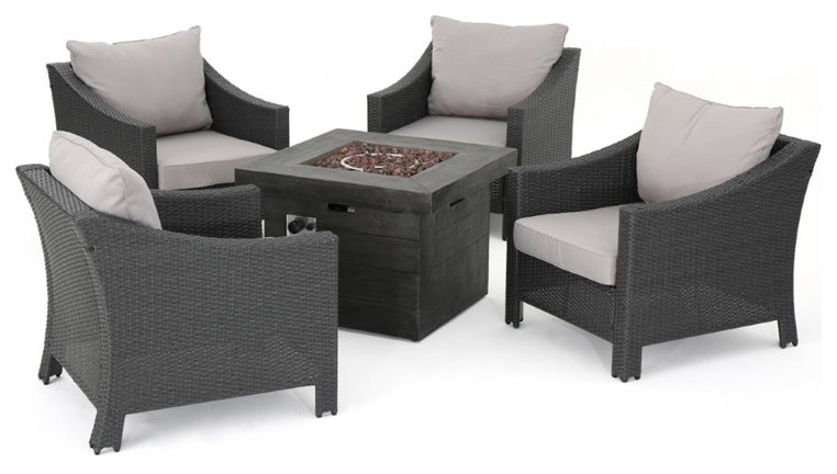 Noble House Antibes 5 Piece Outdoor Wicker Chair and Firepit Set in Stone   Tropical   Outdoor Lounge Sets   by Homesquare  Houzz