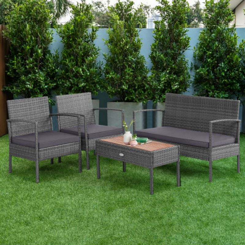 4 Pieces Outdoor Rattan Conversation Set with Comfortable Cushion