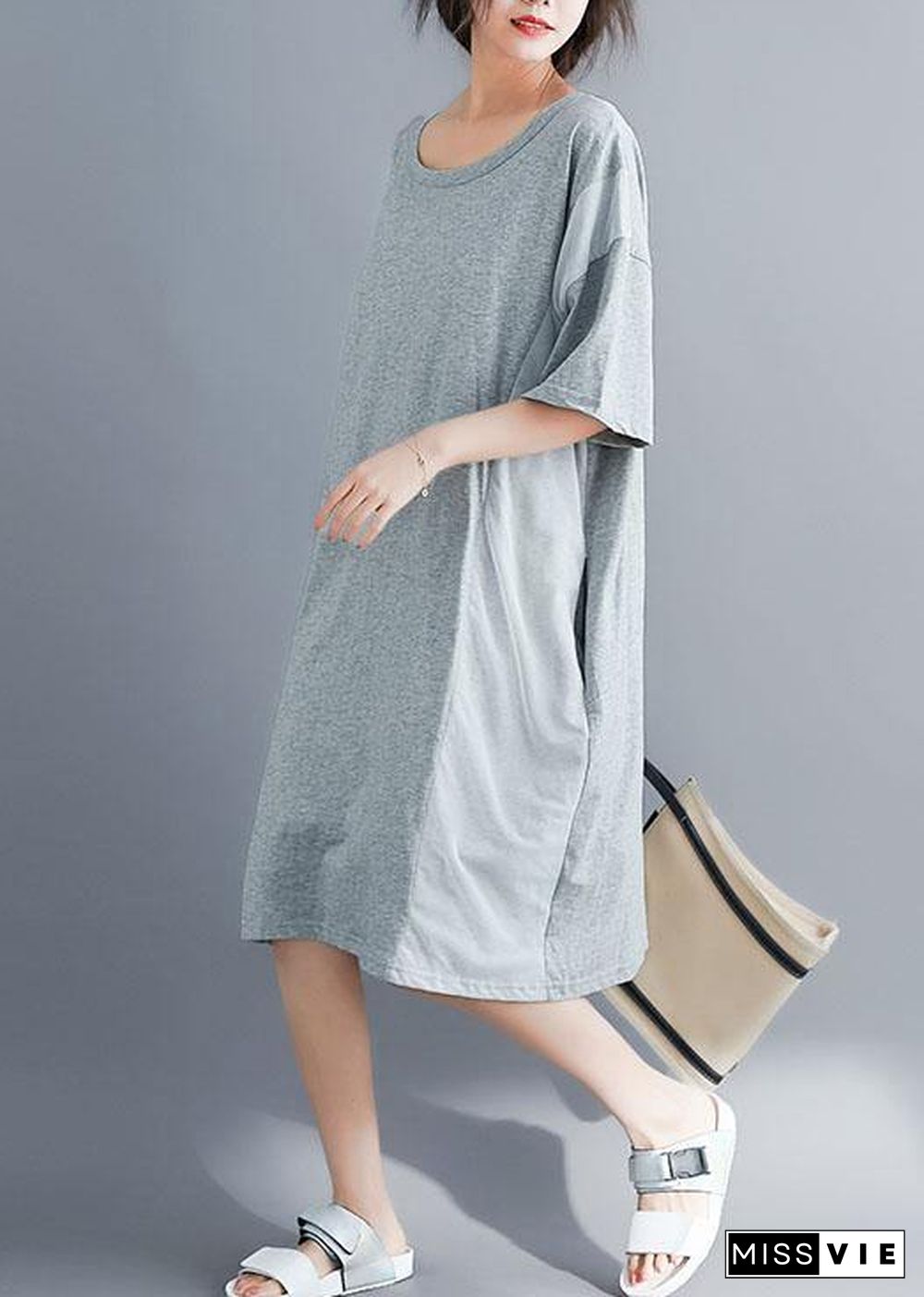 Elegant gray cotton Tunics o neck patchwork Maxi summer Dresses