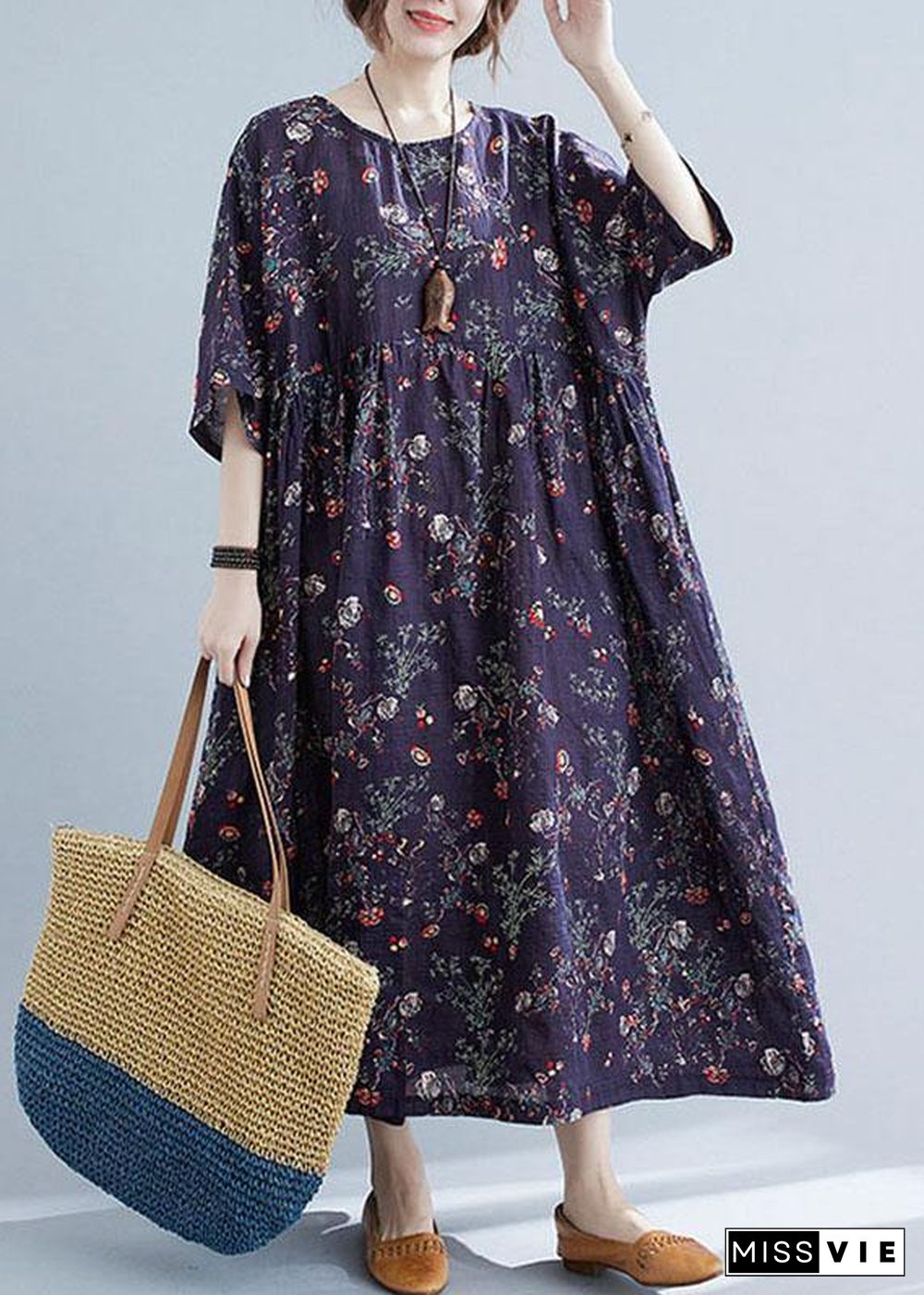 French Navy Print Pockets Loose Summer Half Sleeve Long Dress