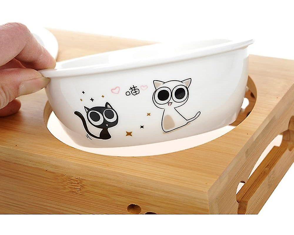 Ceramic Cat Bowls Set With Bamboo D