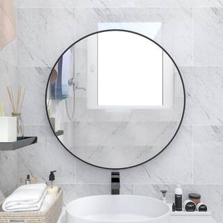 tunuo 28 in. W x 28 in. H Round Metal Framed Wall Bathroom Vanity Mirror in Black SF-WM2828B