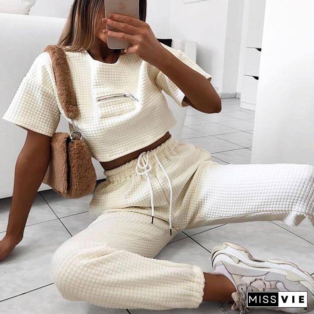 Women Casual Solid White Two Piece Pants Set Crop Top Lounge Tracksuit wear Loose Fashion Suit Outfit Summer Ladies Clothes