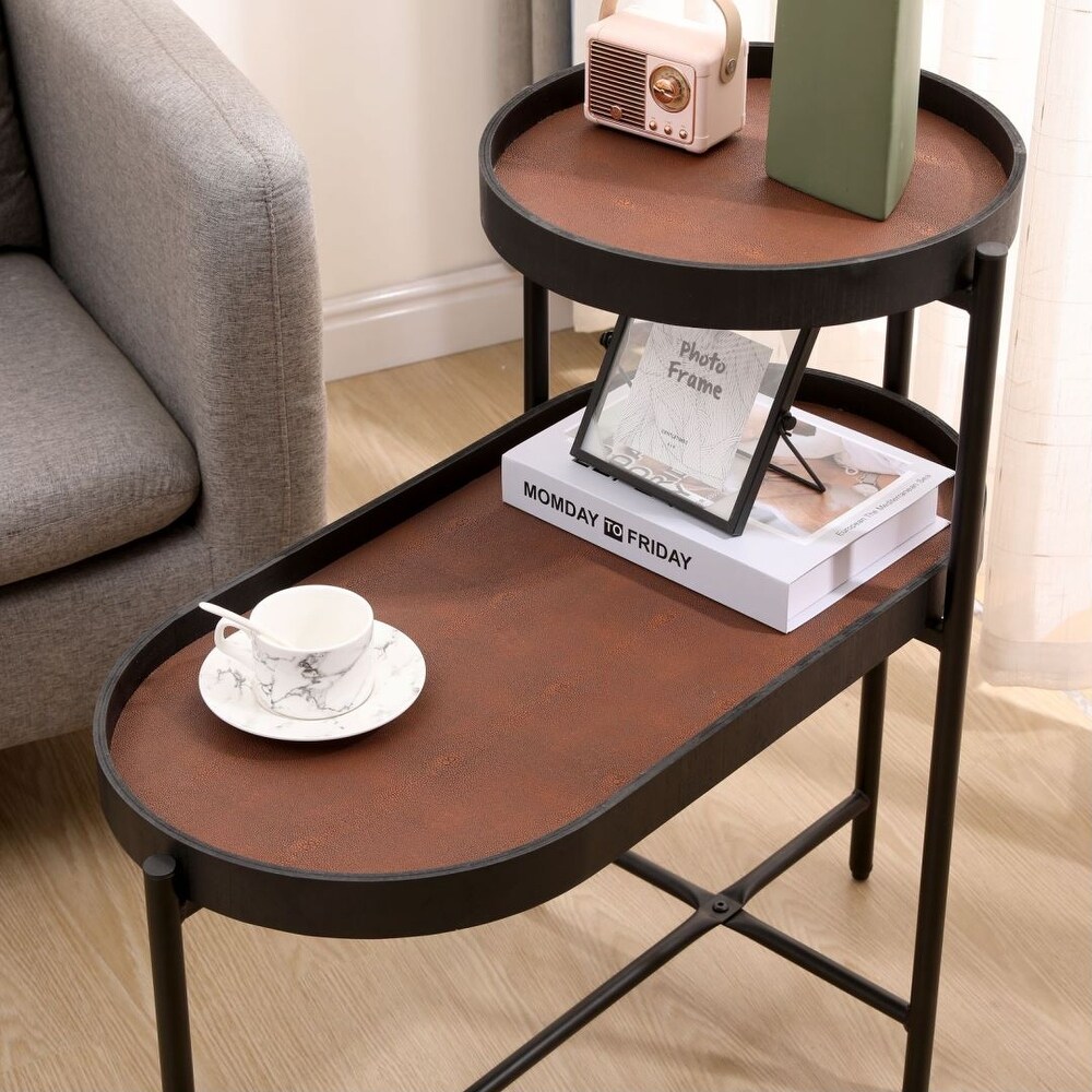 Modern 2 Layer Side Table Brown Tray Top Metal Frame Living Room Cafe