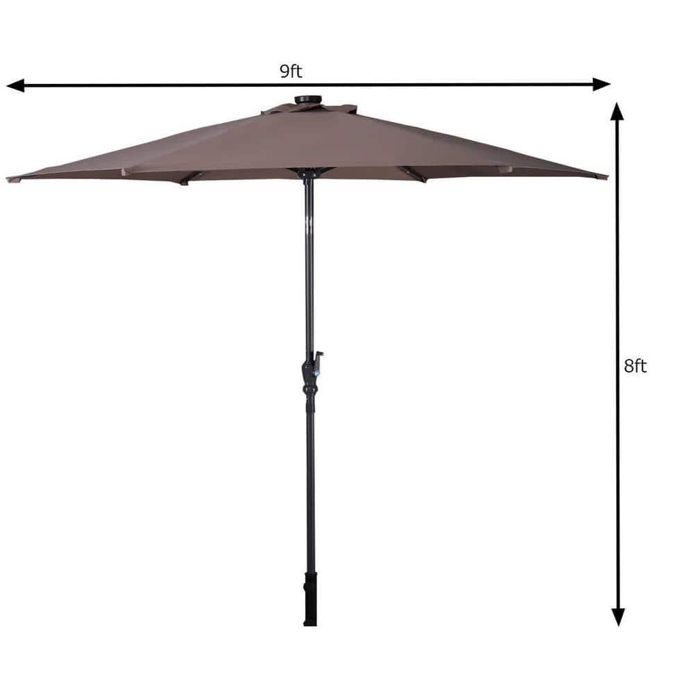 WELLFOR 9 ft Steel Market Solar Tilt Patio Umbrella with Crank and LED Lights in Tan