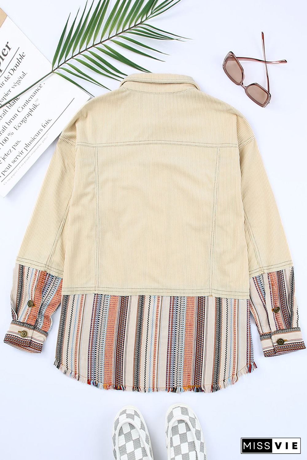 Button Up Pockets Striped Color Block Corduroy Jacket