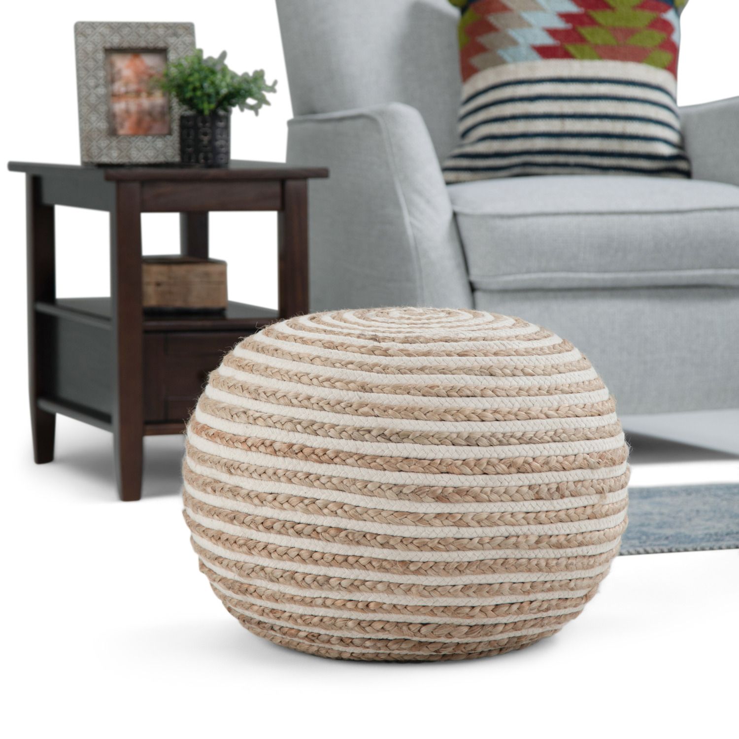 Simpli Home Yolanda Contemporary Round Pouf - Natural Jute