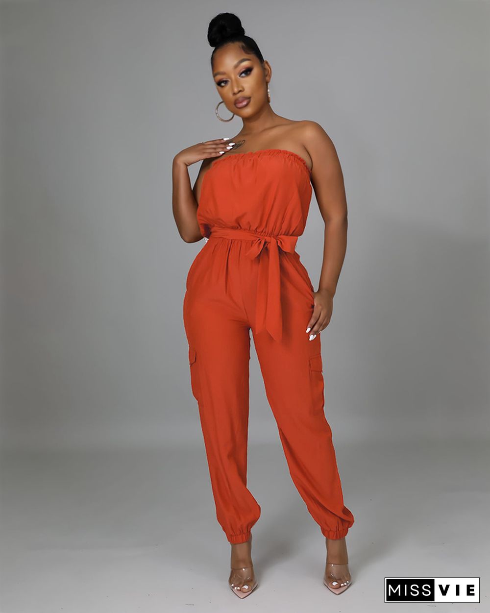 Pocket Design Belted Bandeau Jumpsuit