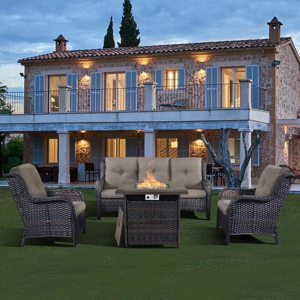 Patio Outdoor Wicker Sofa Set with Fire Pit Table