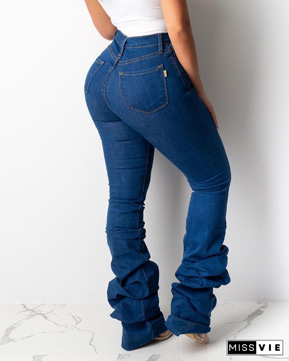 Solid High Waist Ruched Jeans P15149