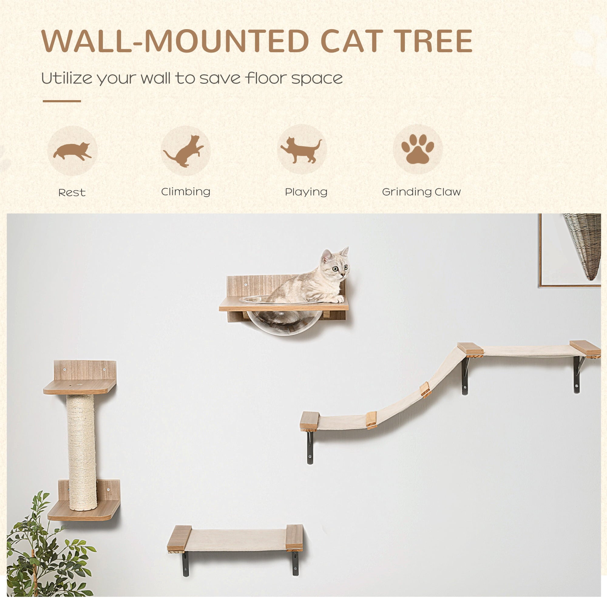 PawHut 4pc Cat Tower Activity Center, Mounted Scratchpost Shelf Set w/ Feeder