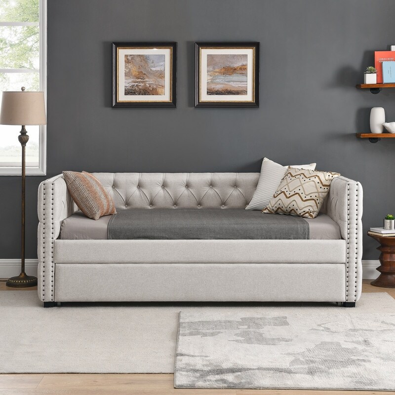 Daybed with Trundle Upgraded Linen Upholstered Twin Size Day Bed Button Tufted Sofa Daybed Frame