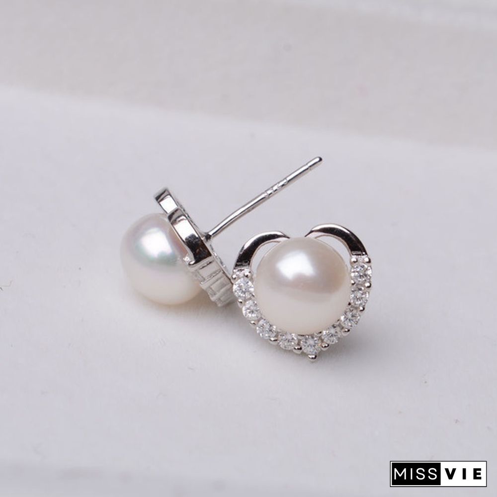 Trendy Fashion Women's S925 Silver Exquisite Pearl Heart-shaped Diamond Crystal Earrings Prevent allergy Jewelry