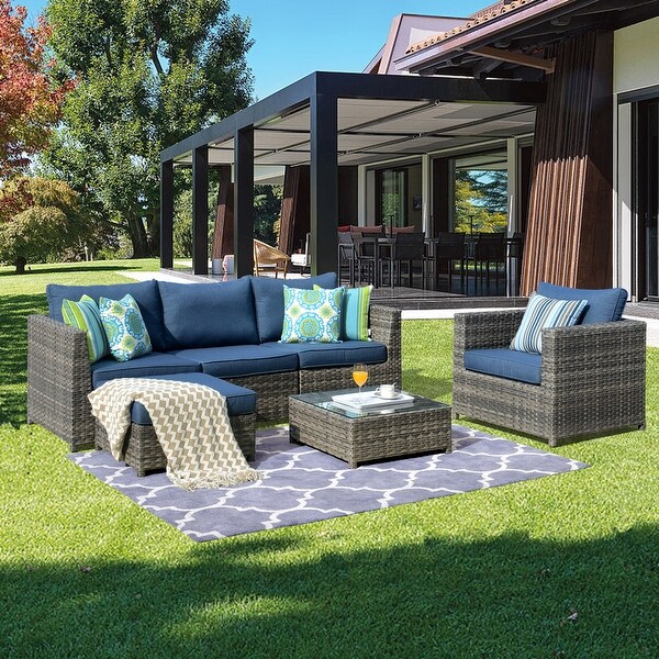 OVIOS Patio Furniture Deep Seat Wicker 6piece Set with Cushions