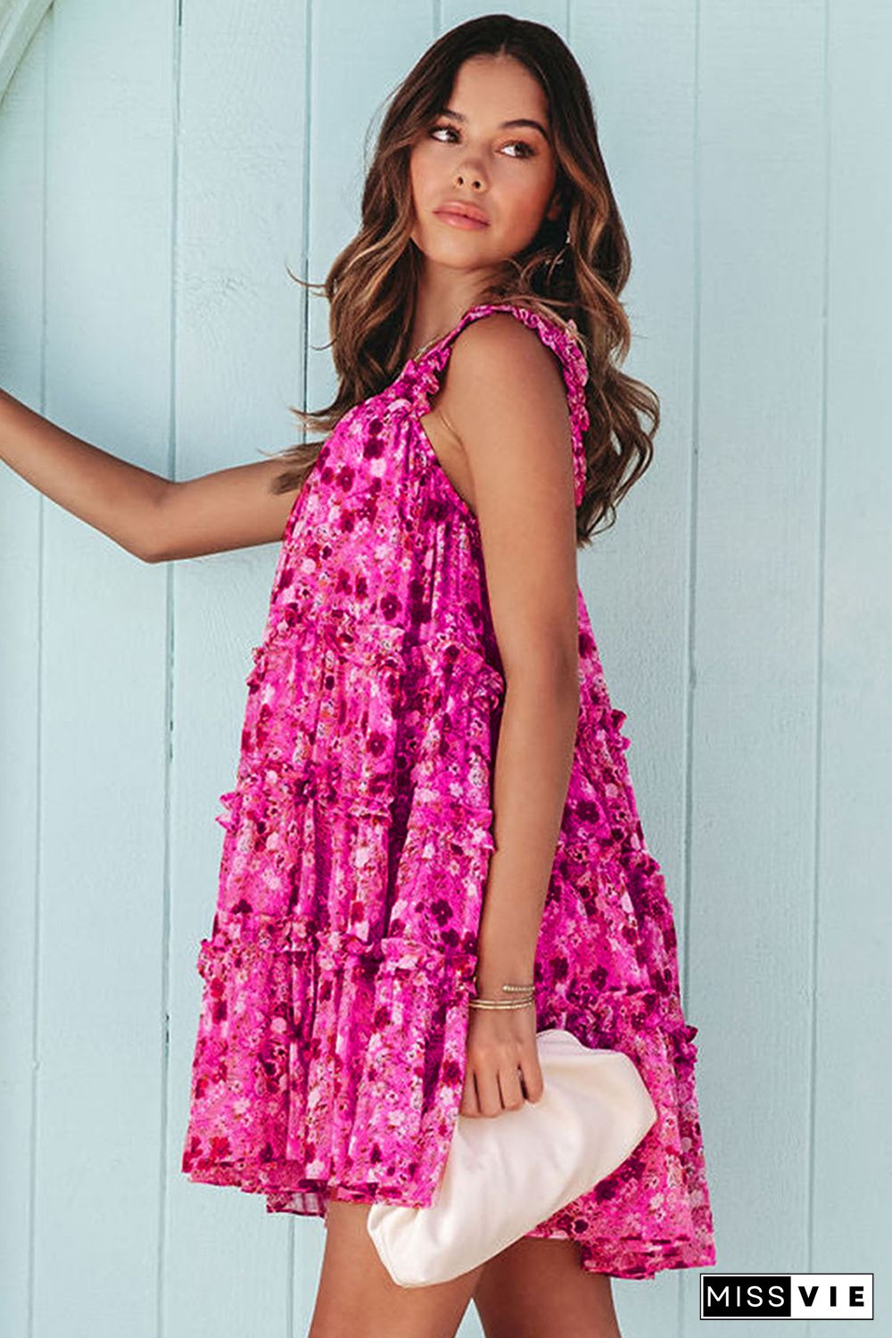 Rose Tiered Ruffled Square Neck Sleeveless Floral Mini Dress