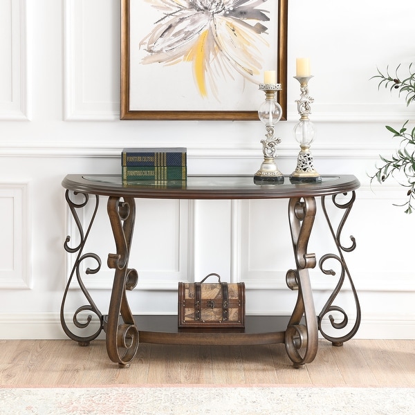 Oaks Aura Dark Brown French Country Coffee Table with Glass Table Top and Powder Coat Finish Metal Legs