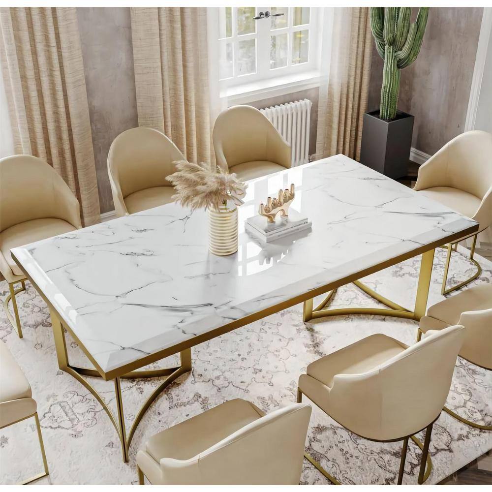 FORCLOVER 71 in. Rectangular Luxury White Marble Modern Dining Table wGold Stainless Legs for Kitchen and Dining Room (Seats 8) MONMUCF-05