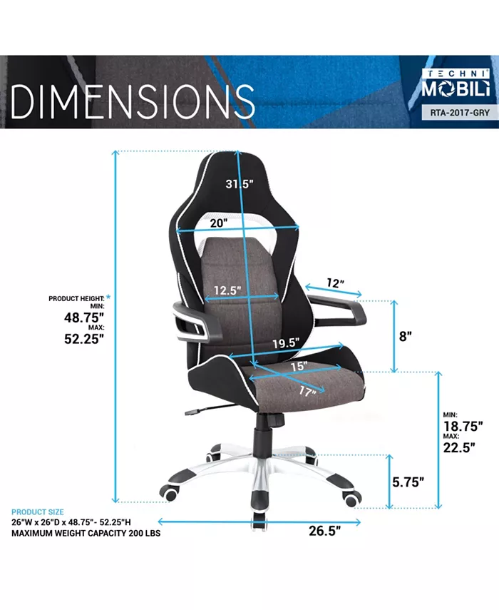 RTA Products Techni Mobili Ergonomic Racing Style Home Office Chair